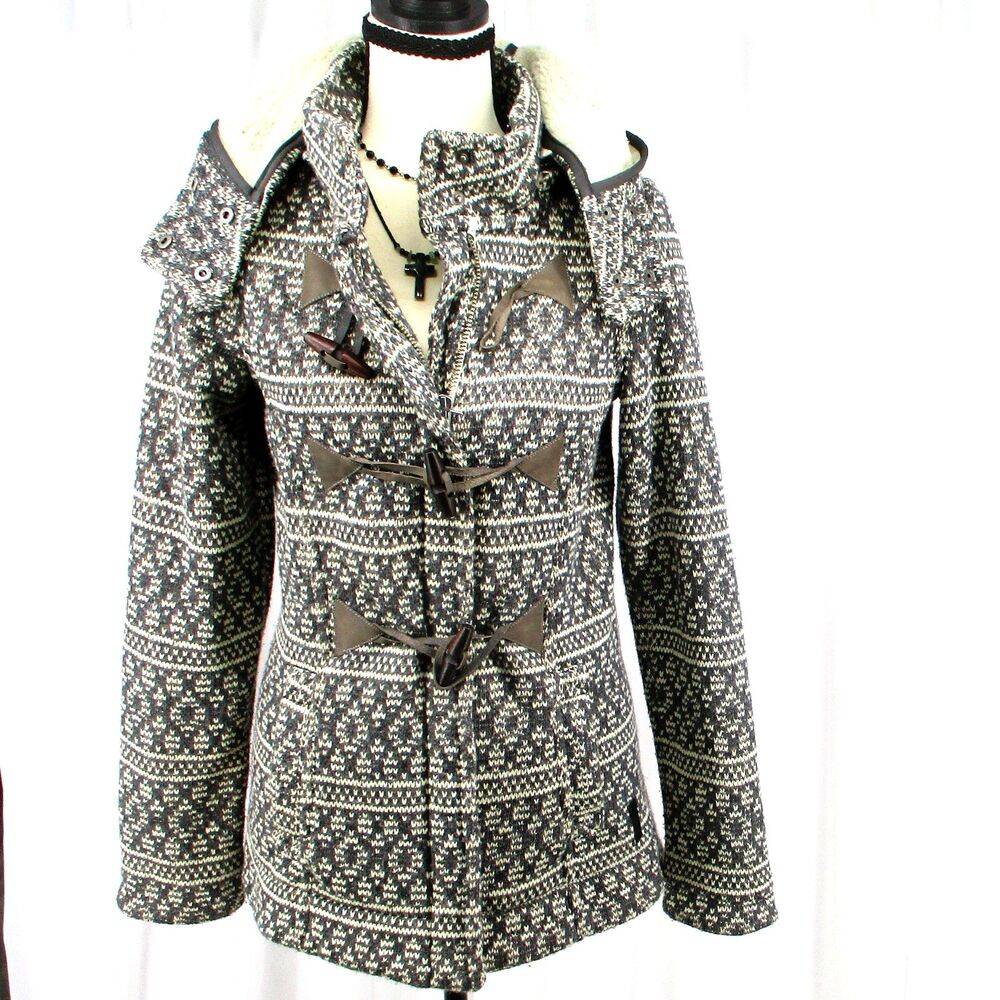Roots Canada Nordic Fair IsleKnit Toggle Jacket Womens S Sherpa Hooded Coat